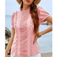 thumbnail image 3 of Women Short Sleeve Top Pleated Ruffle Front Frill Trim Neck Pure Color Stylish Women Shirt Top for Daily Party Dating Pink XL, 3 of 6