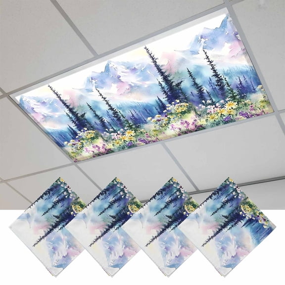 Forest Mountains Magnetic Fluorescent Light Covers for Ceiling Lights 2x4 Feet, Oil Painting Flower Pine Trees Office Classroom Kitchen Drop Ceiling Light Covers Lighting Filters Shade Panel 4 Packs
