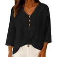 thumbnail image 4 of LEKODE Linen Tops for Women Gauze Shirts Womens Blouse 3/4 Sleeve Casual Tunic Blouses Casual Blouses Tunic Tops Breathable Tops Minimalist V Neck V Neck Roll Up Sleeve Shirt Loose Clothes Black L, 4 of 9