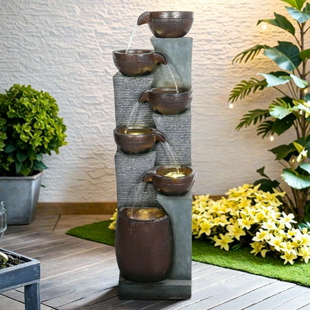 6 Tiered Cascading Outdoor Water Fountain with LED Lights - 53.5"H Floor-Standing Garden Waterfall Fountains for Patio Yard Porch Home Art Decor