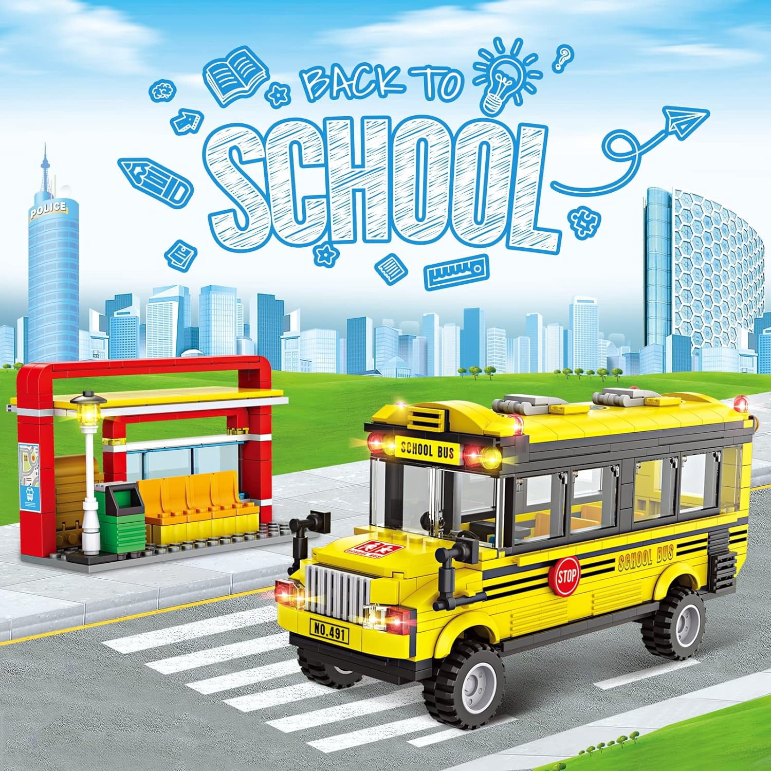 City School Bus Building Kit with Yellow Bus and Bus Station, Creative Building Blocks Toy Birthday Gifts for Kids Boys Girls Aged 6-12 (488 Pieces)