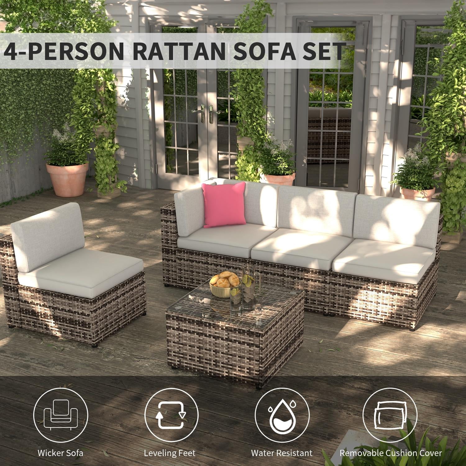 BaPiPro 5pcs Outdoor Patio Furniture Set, PE Rattan Wicker Sectional Conversation Set with Glass Coffee Table,Gray