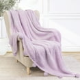 thumbnail image 2 of PAVILIA Lavender Purple Lilac Sherpa Throw Blanket with Soft Pom Pom Fringe, Plush Cozy Warm Blankets for Couch Bed Sofa, Fuzzy Fleece Throw with Pompom, Lightweight Fluffy, Light Purple 50x60 in, 2 of 7