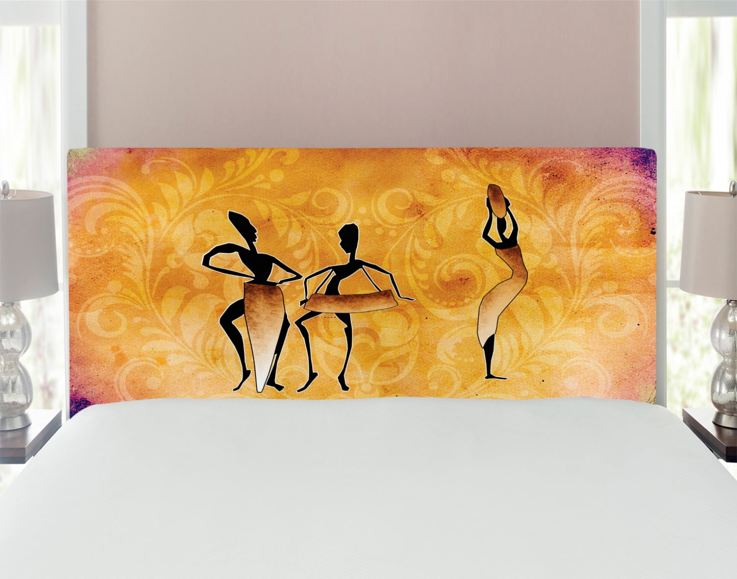 African Headboard, Native Women Dancing Community Celebrating Folkloric Motions Retro Pattern