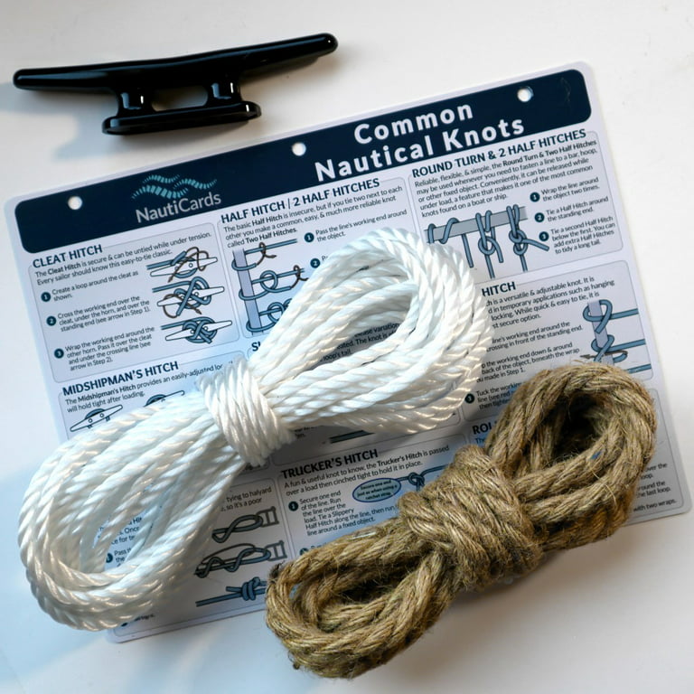 Deluxe Nautical Knot Kit - Waterproof Nautical Knot Chart, 6 Boat Cleat,  Jute Rope, & Poly Rope to Practice Sailing & Boating Knots - Master 21