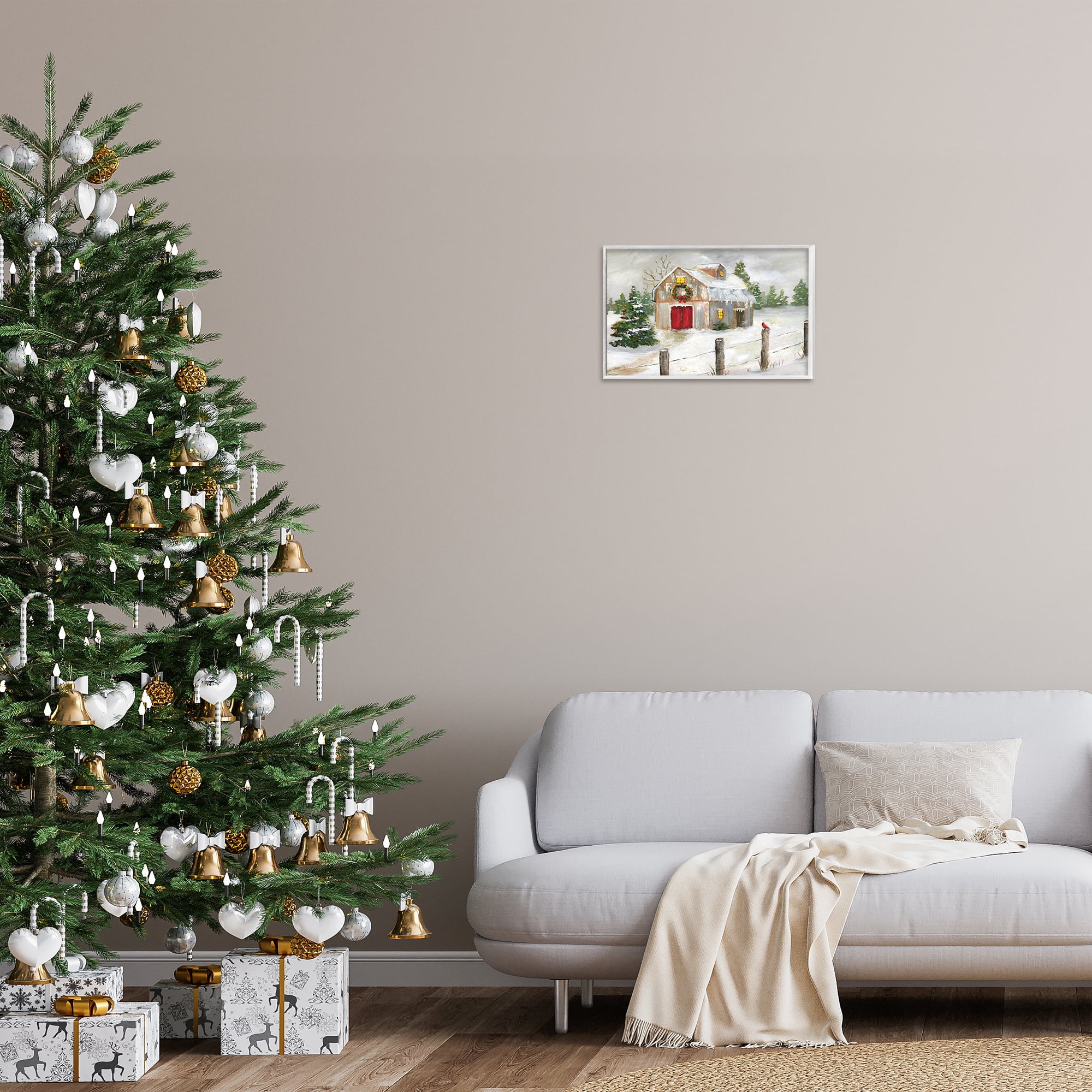 Stupell Industries Winter Farmhouse Scene Holiday Painting White Framed Art Prints Wall Art, 18 x 12