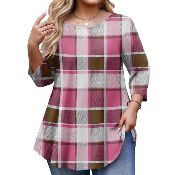 TQWQT Women's Plus Size Plaid Tunic - 3/4 Sleeve, Round Neck, Soft Stretchy Fabric, High-Low Hem, Flowy Loose Fit Top, Perfect for Jeans/Layering/Work 4XL