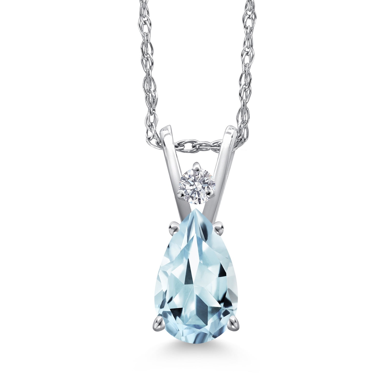 Gem Stone King 14K White Gold Sky Blue Aquamarine and Lab Grown Diamond Pendant Necklace for Women | 0.80 Cttw | Gemstone March Birthstone | Pear Shape 8X5MM | With 18 inch Chain