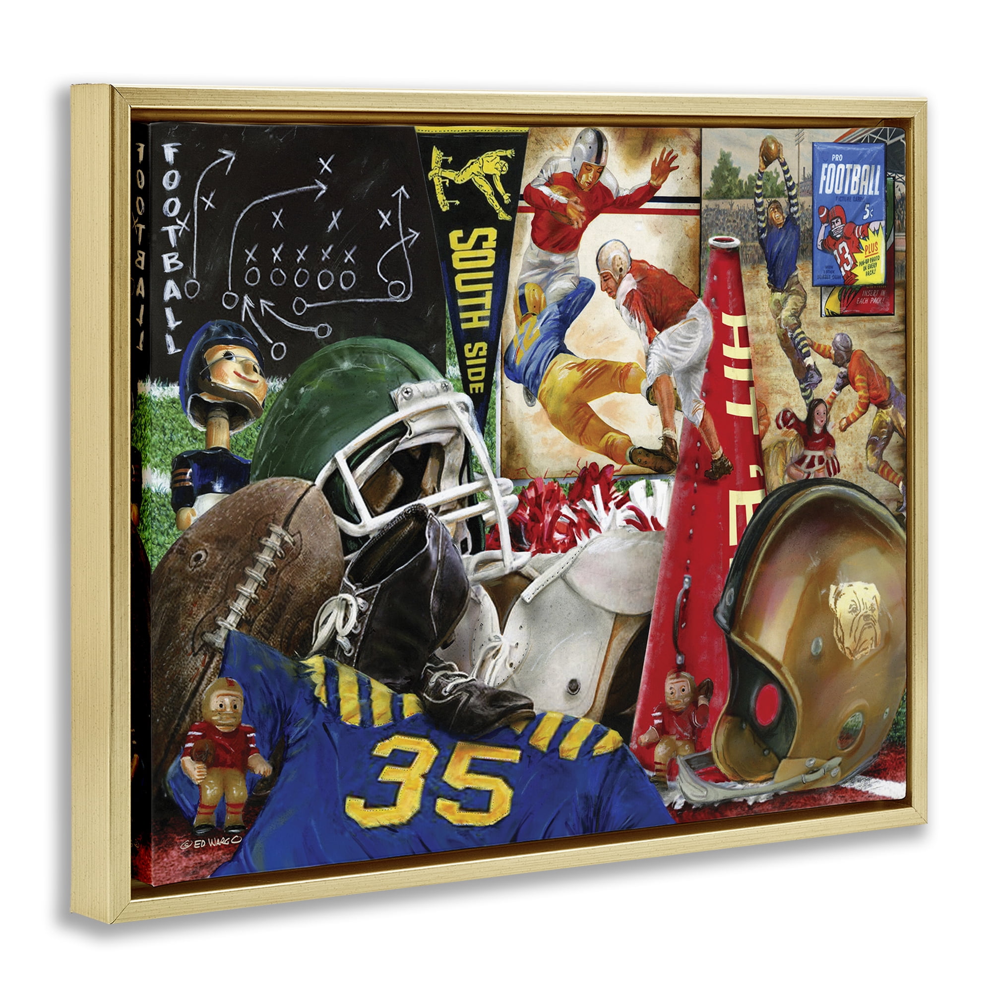 Stupell Industries Football Sports Collage Sports Painting Gold Floater Framed Art Print Wall Art, 31 x 25