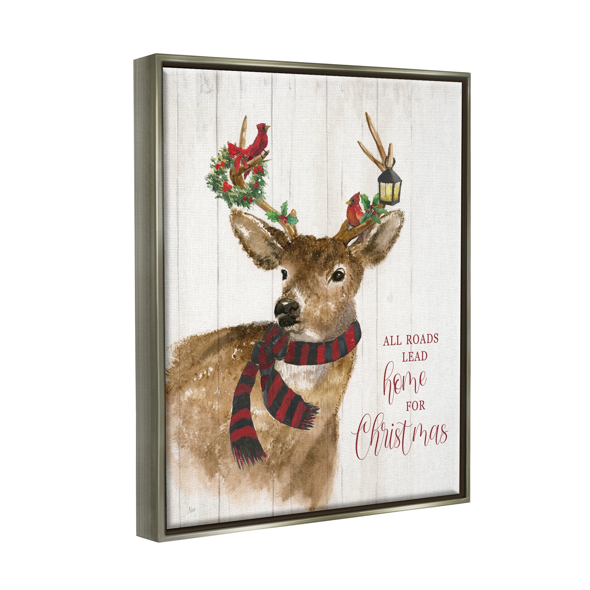 Stupell Industries All Roads Lead Home Christmas Deer Holiday Painting Gray Floater Framed Art Print Wall Art
