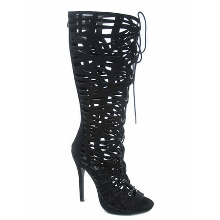 Blossom-16   Women's Cut Out Lace Up Zipper Gladiator High Heels