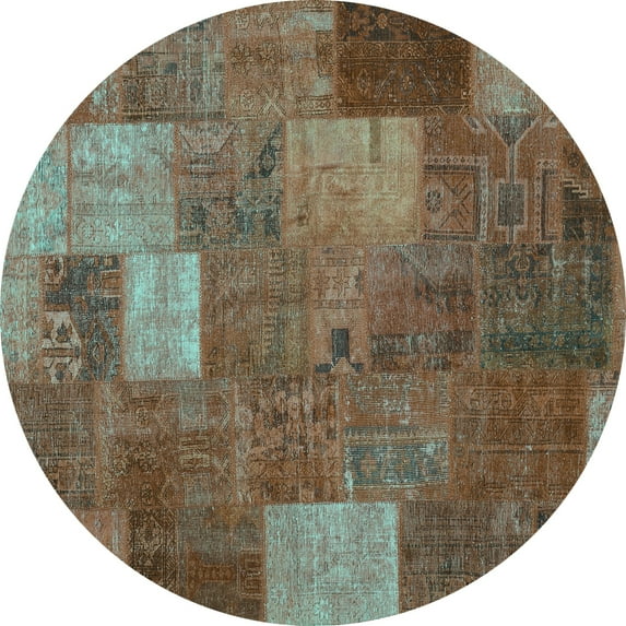 Ahgly Company Machine Washable Indoor Round Patchwork Turquoise Blue Transitional Area Rugs, 5' Round