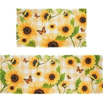 Sunflower Kitchen Mat Rug Set of 2- Plaid Butterfly Kitchen Rugs, Yellow Orange Watercolor Floral Sunflowers Kitchen Decor Things Kitchen Floor Mat- Sunflower Decor Accessories- 17x30 and 17x48 Inch
