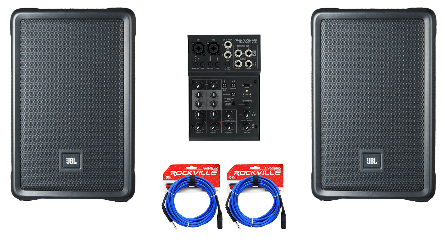 2) JBL IRX108BT 8" 1000w Powered DJ Portable PA Speakers w/ Bluetooth+Mixer w/EQ
