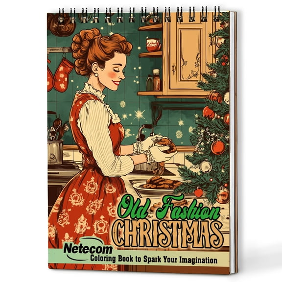 Netecom Old Fashion Christmas Coloring Book Spiral Bound for Adults, Wooden Cover, 30 Vintage Coloring Pages of Winter Holiday for Stress Relief and Relaxation