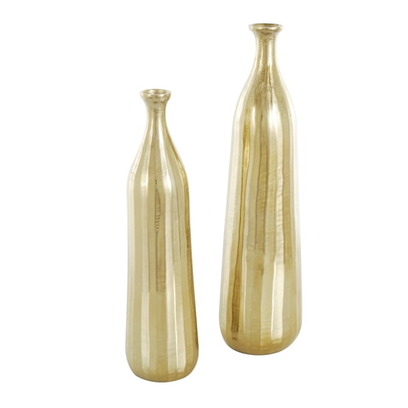 DecMode 20"W, 19"H Gold Aluminum Metal Vase with Wavy Accents and Textured Ridges, Set of 2