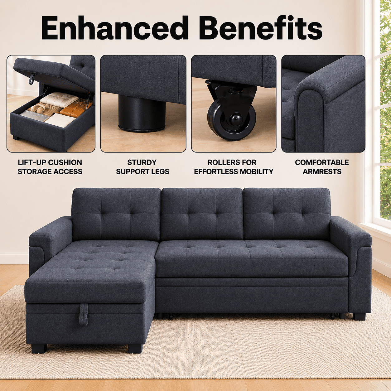 Naomi Home Living Room Collection L Shaped Velvet Convertible Sleeper and Storage Chaise Sectional Sofa with Sofa and Chaise, Dark Gray