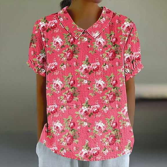 Blczomt Summer Womens Tops Floral Peasant Shirt Casual Loose Short Sleeve Womens T Shirts