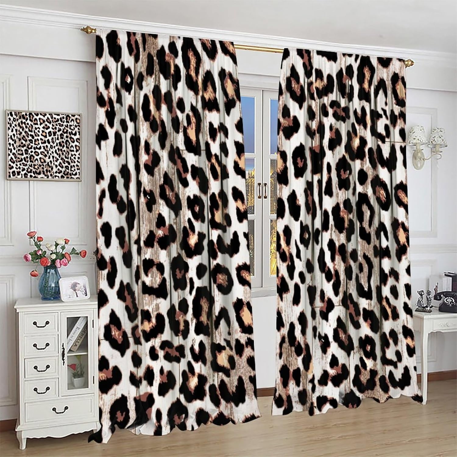 Leopard Print Curtains Rustic Grey White Wooden Board Animal Blackout Print Rod Pocket Window Drapes for Bedroom Living Room 52x84in