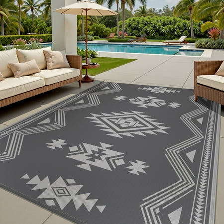 sixhome 5  x 8  outdoor rug  waterproof reversible patio mat for camping  rv  picnic  porch  southwestern boho style plastic outside carpet gray