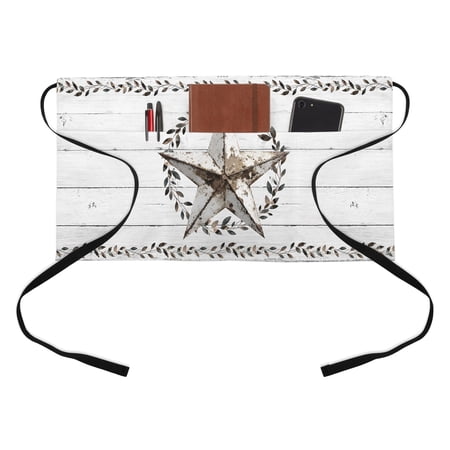 Village Star Kitchen Restaurant Half Waist Apron, Leaves Ring Retro White Wood Grain Farmhouse Server Short Apron with 3 Pockets Waterproof Oil Waist Aprons for Women Waitress Waiter