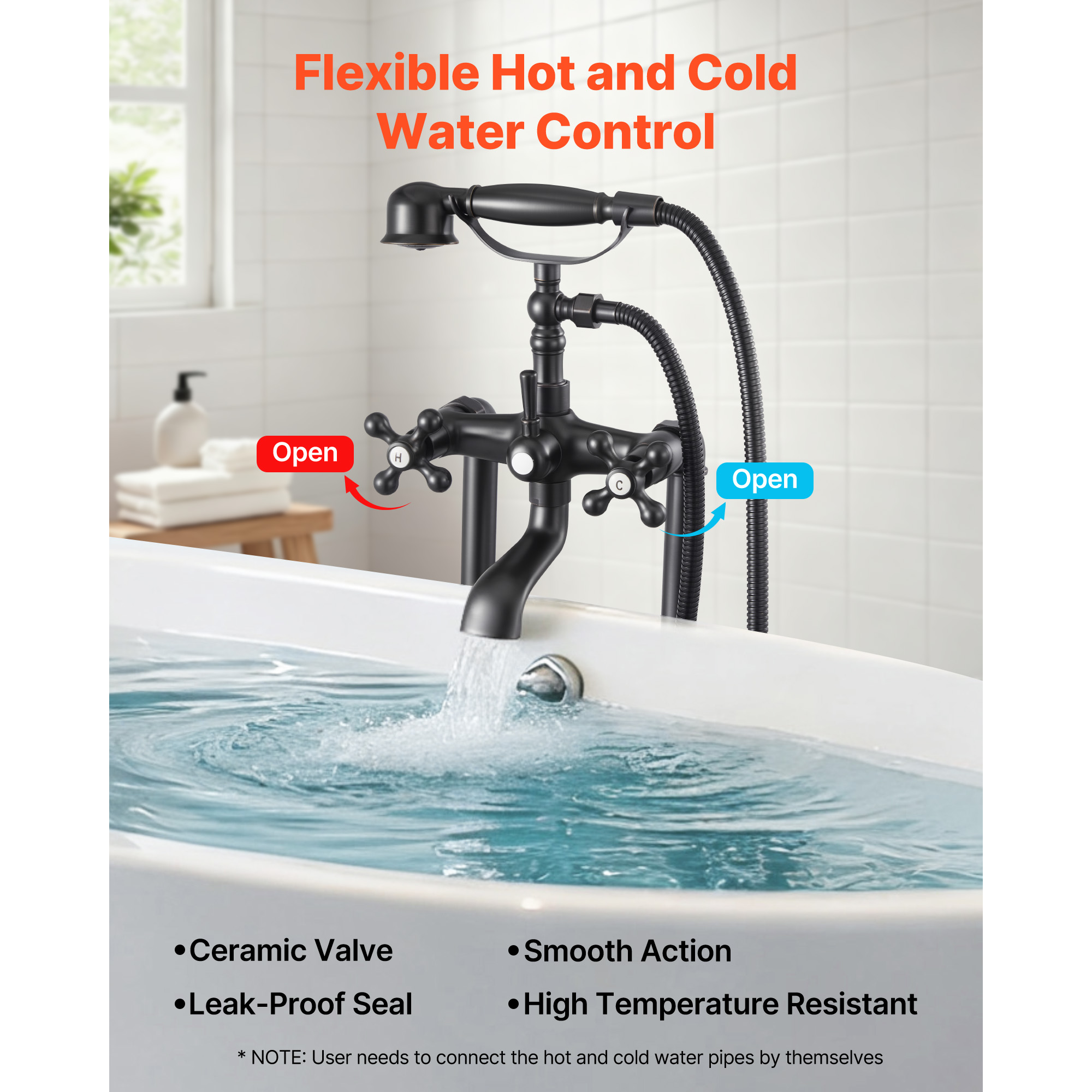 KFFKFF Freestanding Clawfoot Tub Faucet with Handheld Shower, Oil-Rubbed Bronze Finish, Vintage-Style Bathtub Filler with 360° Swivel Spout and 59-Inch Hose