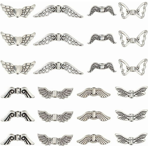 128Pcs Wing Beads Christmas Angel Wings Beads Antique Tibetan Style Silver Winged Butterfly Alloy Feather Vintage Spacers Carved Bead for Earring Necklace Bracelet Jewelry Making Keychain