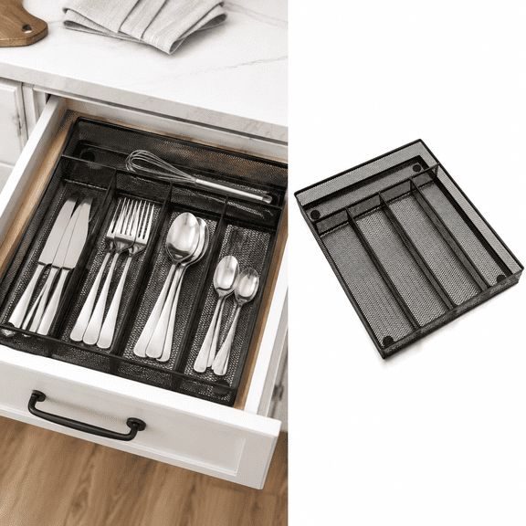Silverware Holder for Drawer, Black Utensil Holder, Kitchen Drawer Organizer Utensils, 5 Compartment Metal Mesh Cutlery Tray, Multi-Purpose Drawer Storage Organizer