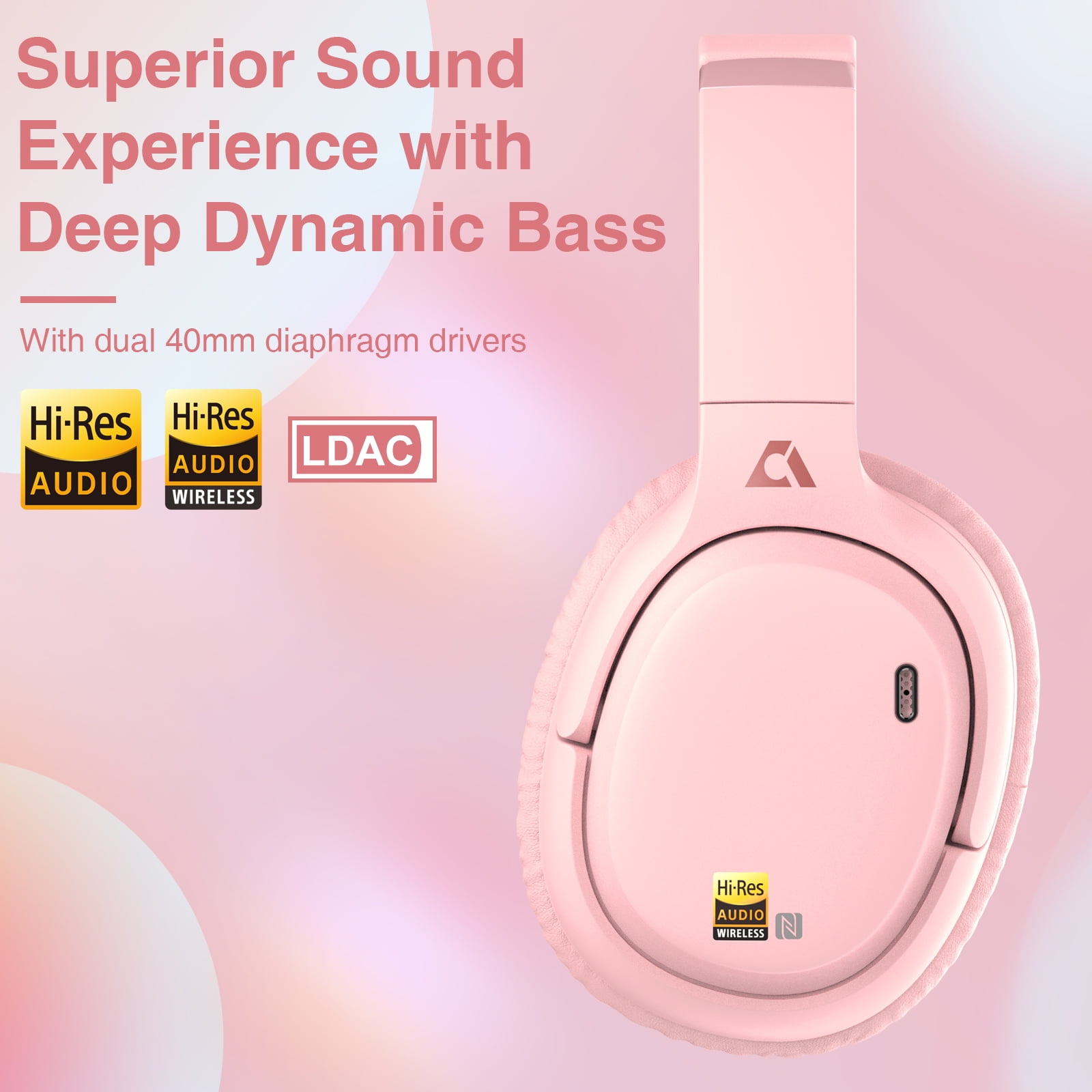 Ankbit E700 Noise Cancelling Headphones with LDAC, Wireless Bluetooth 5.1 Over Ear Headphones with Microphone, 60H Playtime, Pink