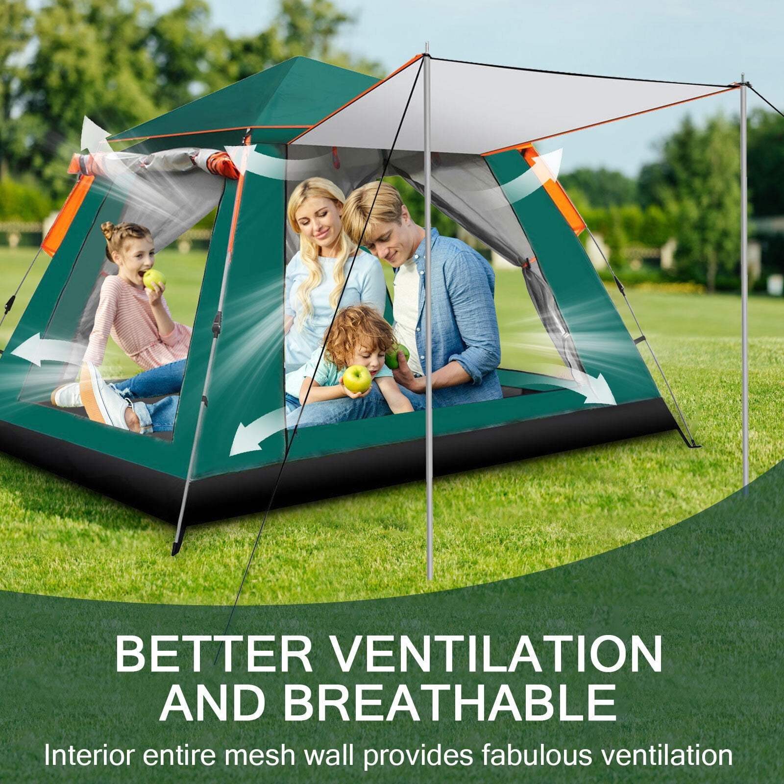 SHANNA Instant Camping Tent Portable Large Pop Up Tent 3-4 Person Dome Family Hexagon Tents Pop up Sun Shade Tent for Outdoor Camping Hiking, Dark Geen Tent + Red Hammock
