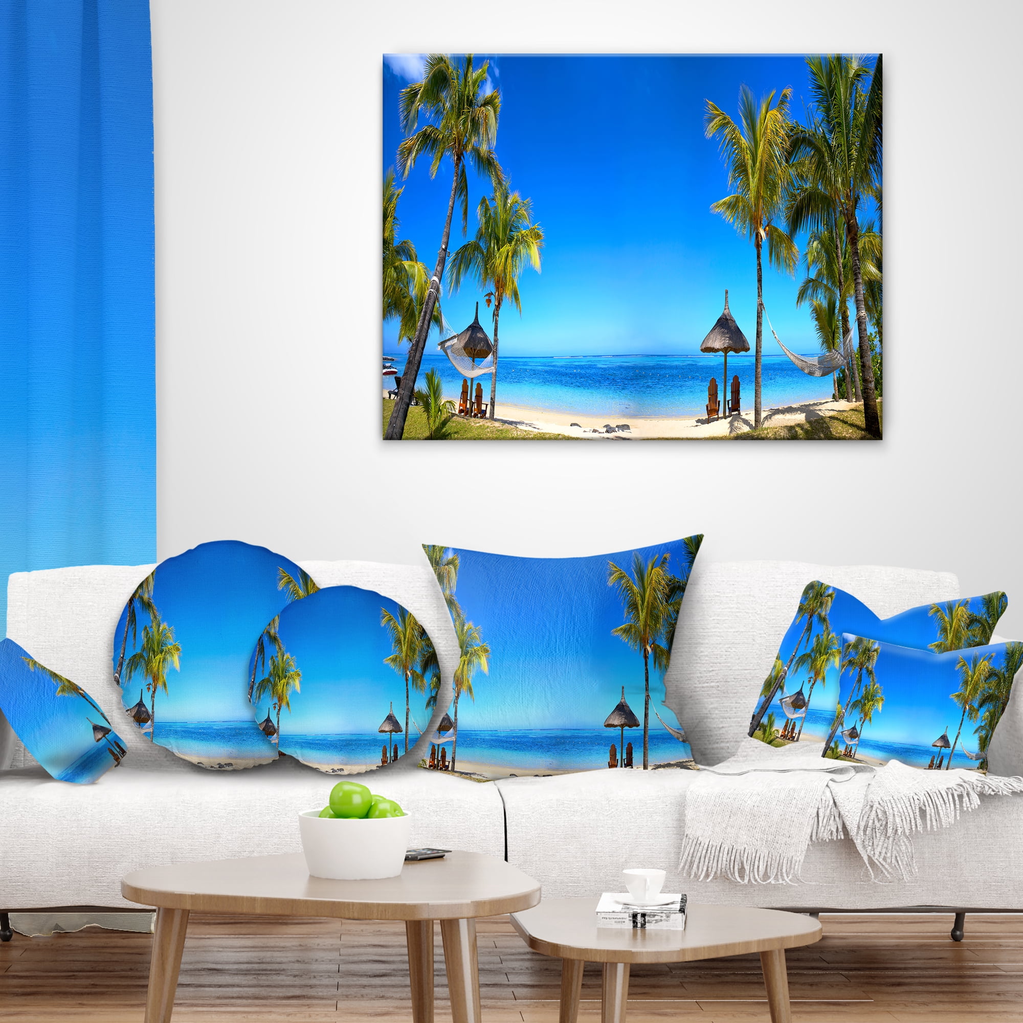 Designart Mauritius Beach with Chairs - Seashore Photo Throw Pillow - 16x16