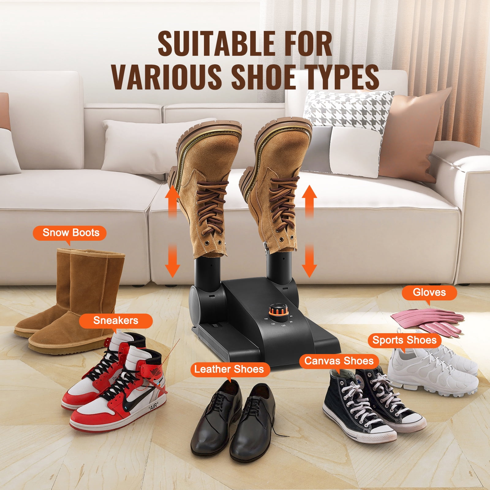 KFFKFF 180° Folding Dual-Tube Footwear Dryer, Compact Design with Timing Function, Equipped with Heating Blower & PP(V0 Flame Retardant) Material, Leather & Canvas Footwear, Socks - Black & Orange