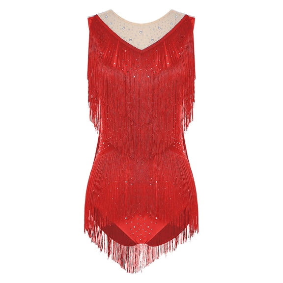 inlzdz Womens Latin Dance Leotard Sleeveless Rhinestone Tassel Bodysuit for Cha-Cha Tango Samba Red XL