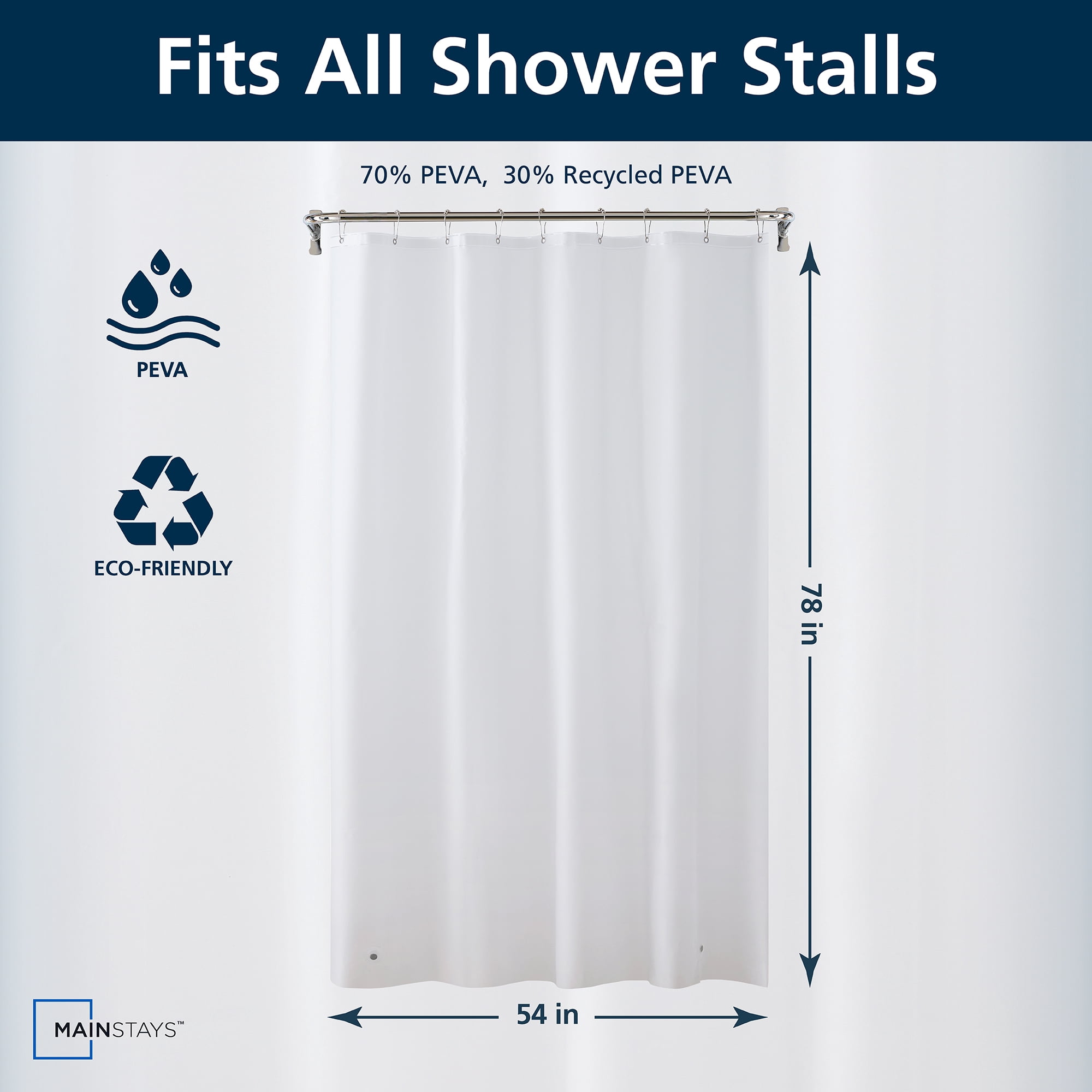 Mainstays Medium Weight PEVA Shower Liner 54" x 78" for Bathroom Stall, White