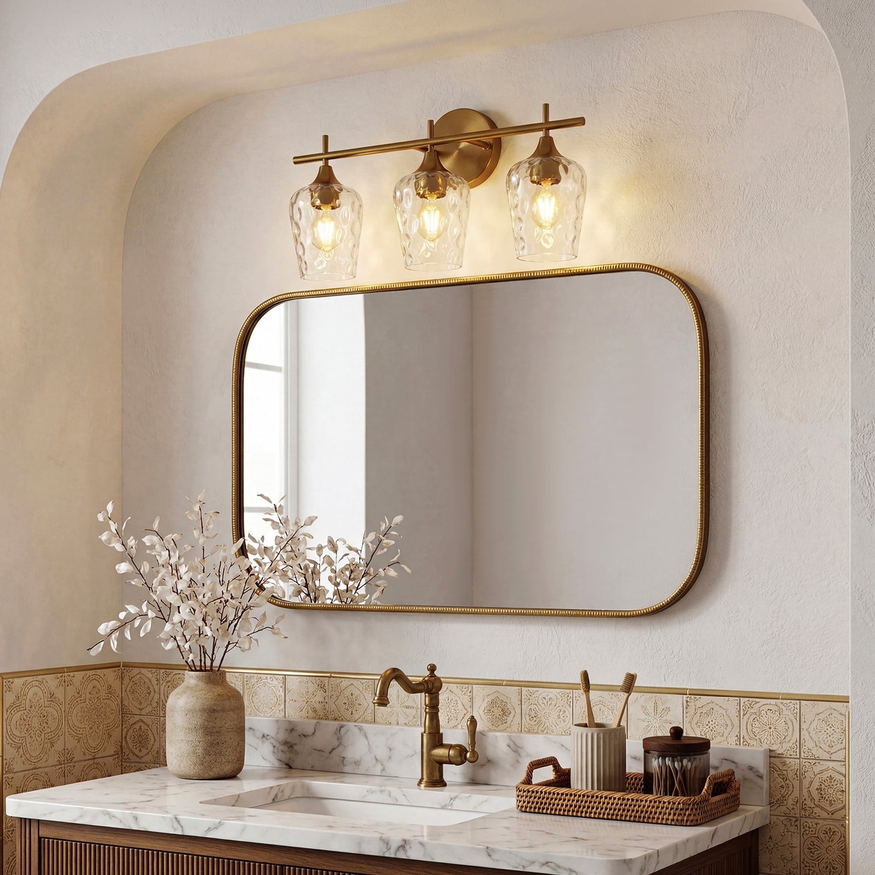 Fnova Modern Gold Bathroom Vanity Light, 21" 3-Light Wall Sconce with Clear Glass Shades, E26 Base Bath Light Fixture over Mirror