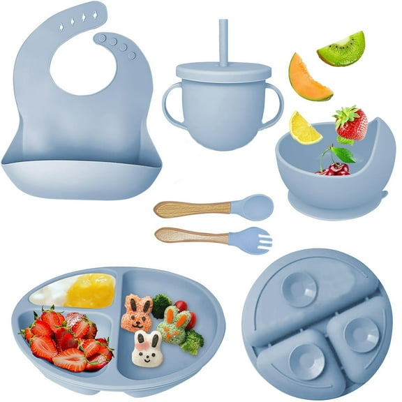 Baby Feeding Set,6 Piece，Baby Led Weaning Supplies with Suction Bowl Divided Plate, Toddler Self Feeding Dish Set with Spoons Forks Sippy Cup Adjustable Bib, Eating Utensils for 6  Months