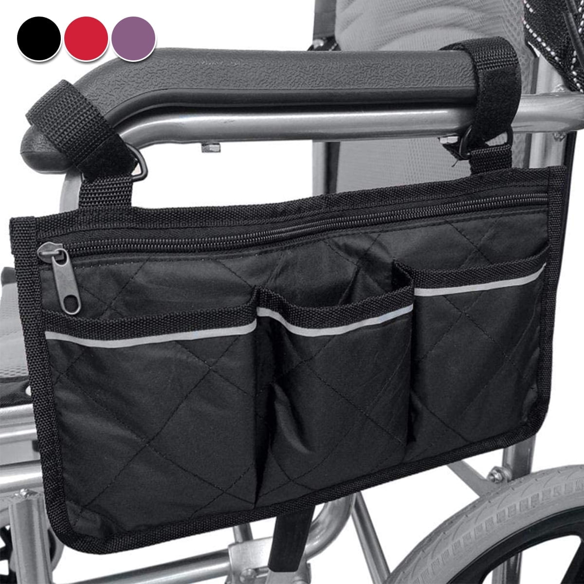 Wheelchair Side Bag Waterproof Armrest Pouch for Newspaper Magazines Glasses Phones Tablets Portable Wheelchair Bag with Reflective Stripe Fits Walkers Rollators Scooters