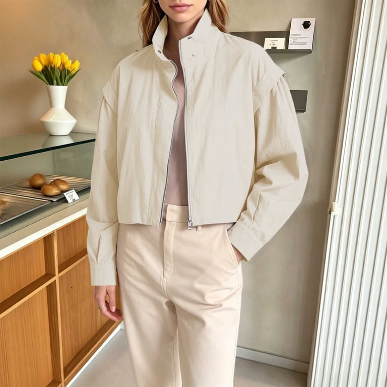Sexlip Women Stand Collar Cropped Wind Jacket Concealed Snap