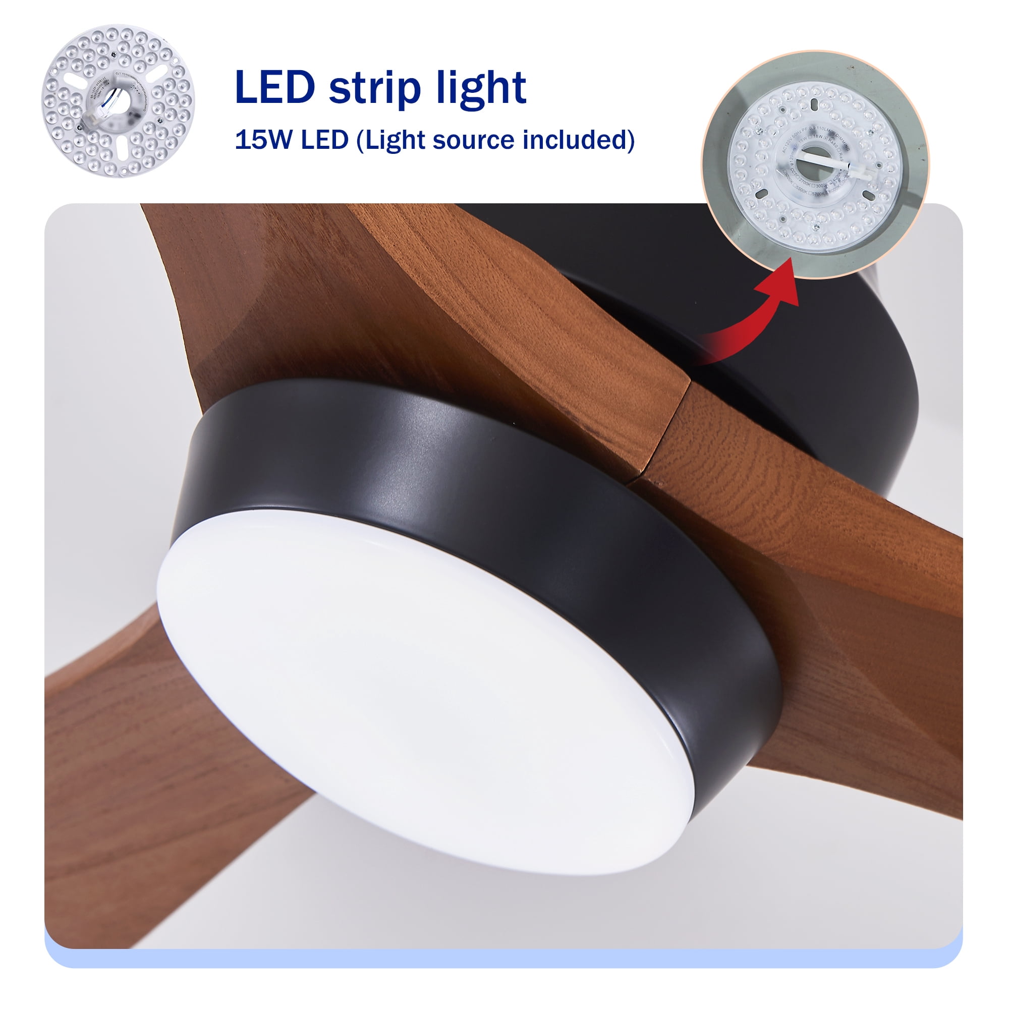 Leumius 62" Solid Wood Blades Ceiling Fan with Light and Remote Control,Quiet DC Motor 3 Blade Ceiling Fans 6 Speed Levels,Reversible for Patio Living Room Bedroom Office Black