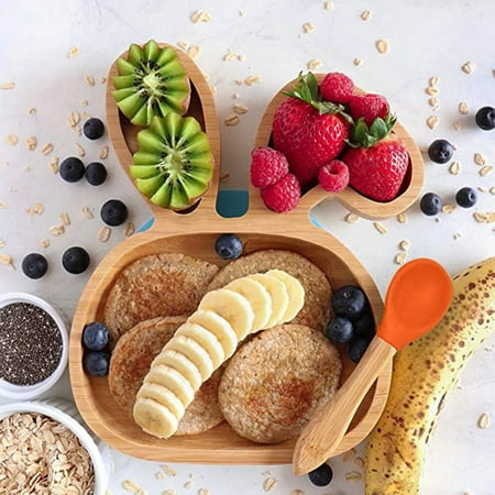 

〖Yilirongyumm〗Kitchen Organization Baby Toddler Bamboo Sheep Plate Silicone Suction Feeding Bowl Suction Spoon Set