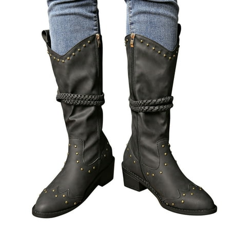 

Josdec Womens Boots Wide Width New Retro Style Pointed Mid Thick Heel Sleeve Belt Buckle Knight Boots Cowgirl Boots Black 39