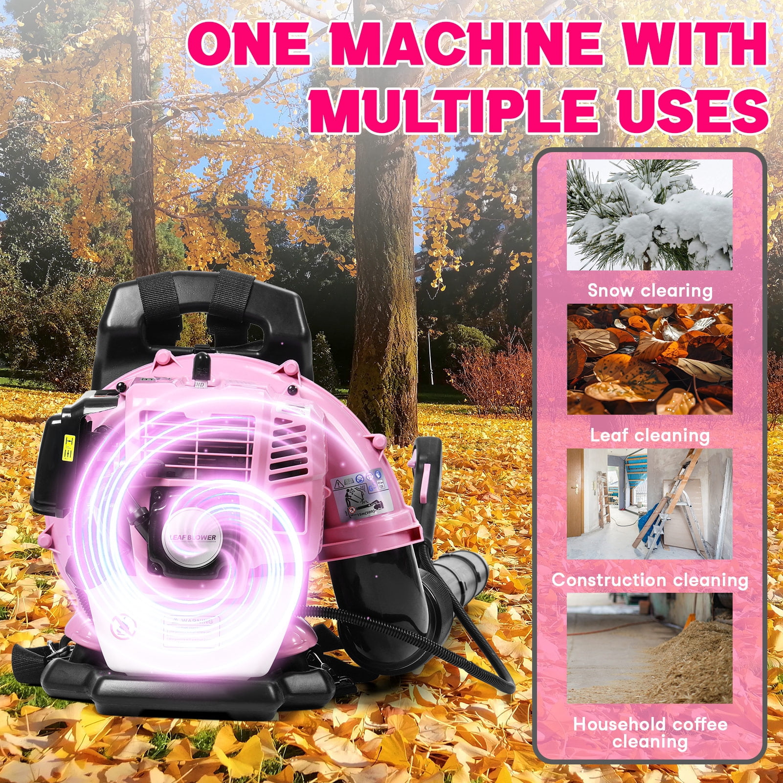 Grandest Birch Leaf Blower with Backpack, Cordless Leaf Blowers for Lawn Care, 52CC 2 Stroke 550CFM Gas Powered Blower for Home Blowing Leaf, Snow Blowing, Dust, Pink