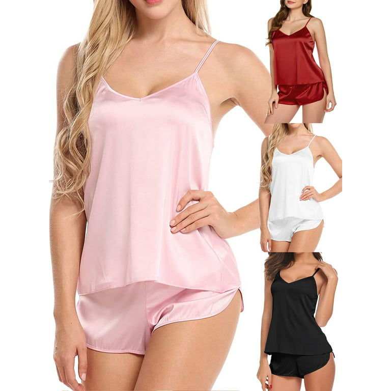 Spencer 2Pcs Women's Sexy Lingerie Sleepwear Set V Neck Silk Satin Pajamas  Cami Shorts Set Nightwear (S, Pink)