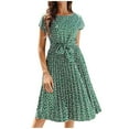 thumbnail image 2 of Summer Saving Wycnly Womens Dresses Short Sleeve Round Neck Floral Knee-Length Summer Dress Tie Waist Pleated Swing Midi Beach Dresses Green Up to 65% off, 2 of 6