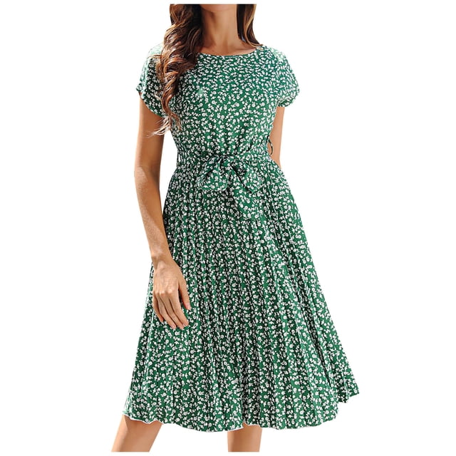 EQWLJWE Robes d'Été pour Femmes 2023 Mode Décontractée Col en V Imprimé Sans Manches Mi-Longue Taille Robe Mode Décontractée Col Rond Imprimé Sans Manches Mi-Longue Taille Robe