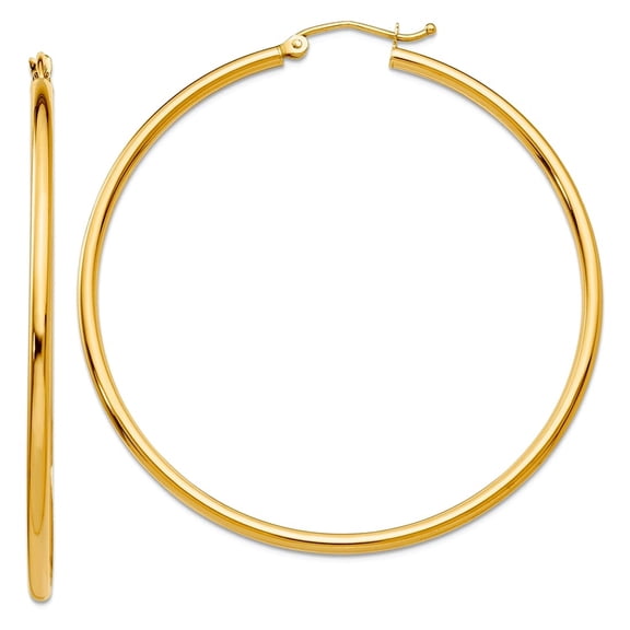 10k Yellow Gold Polished 2mm Lightweight Tube Hoop Earrings 50x51.06mm Wide 2mm Thick Hoop Earring for Women
