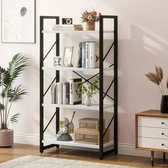 EXkusid 4-Tier Laddered Bookcase Organizer with Free-Standing Display Shelf for Living Room, Bedroom And Kitchen, White&Black