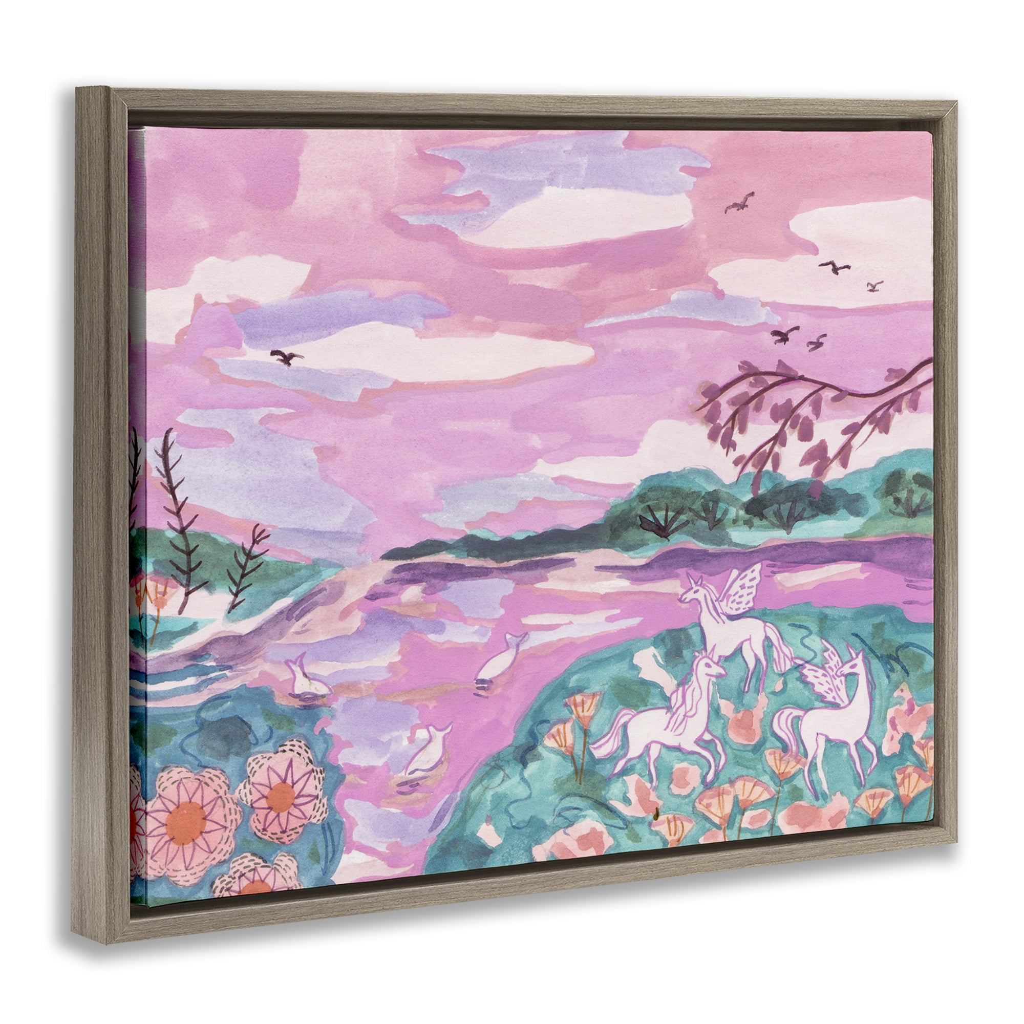 Stupell Industries Pink Whimsical Unicorns Fantasy & Sci-Fi Painting Brown Floater Framed Canvas Art Print Wall Art, 21 x 17