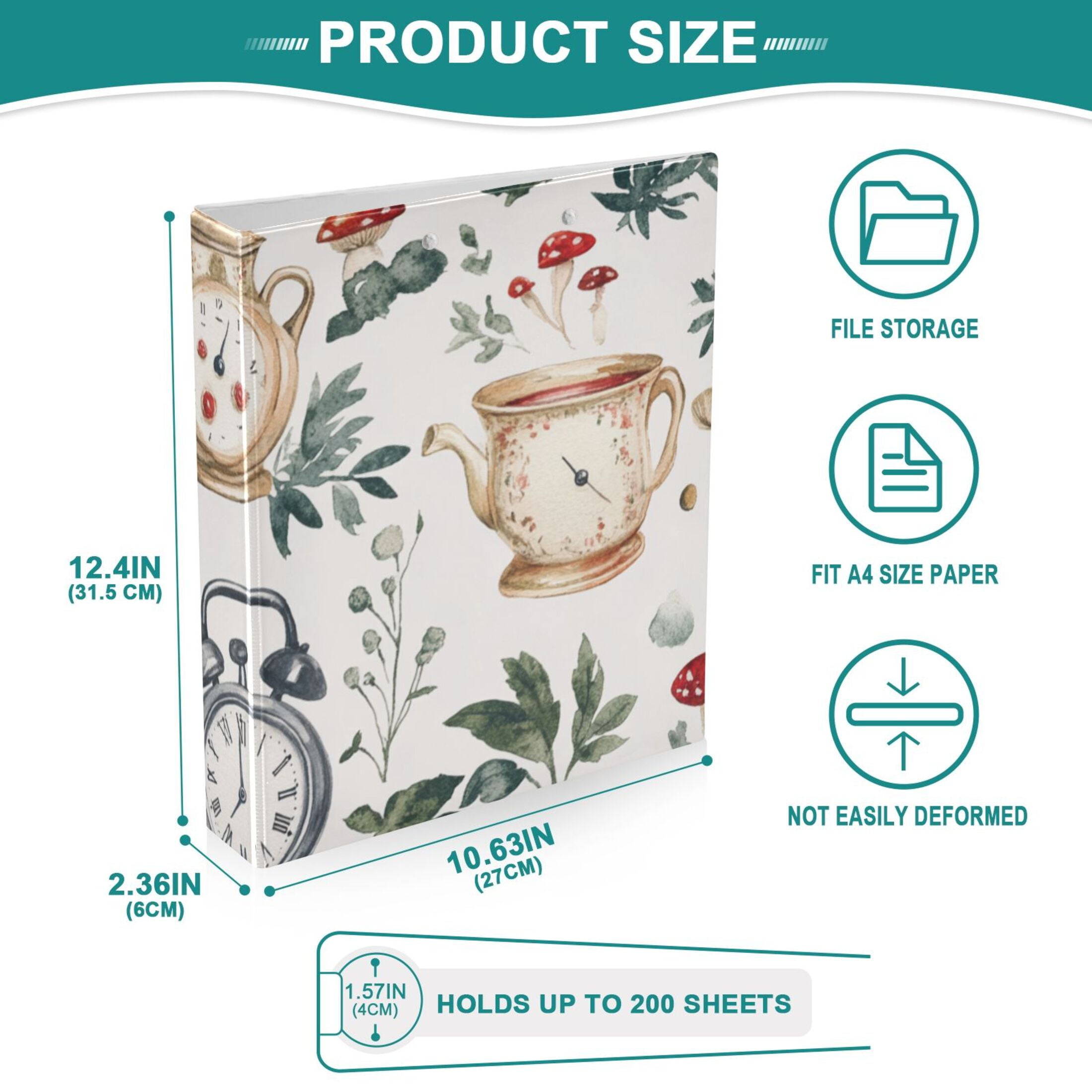 Mushroom Clock Cups 3 Ring Binders 1.5 inch Hardcover File Folders with Interior Pockets A4 Size Organizer for School Office Hospital