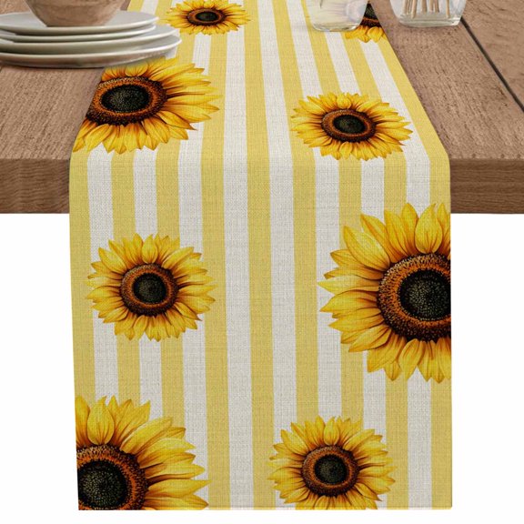 nqOlkjepod Yellow Sunflower Table Runner 48 Inches Long Farmhouse Dress Scarves, Beige Vertical Striped Beige Retro Dining Tablerunner for Coffee Table/Kitchen Island/Party Décor, 13" x 48"